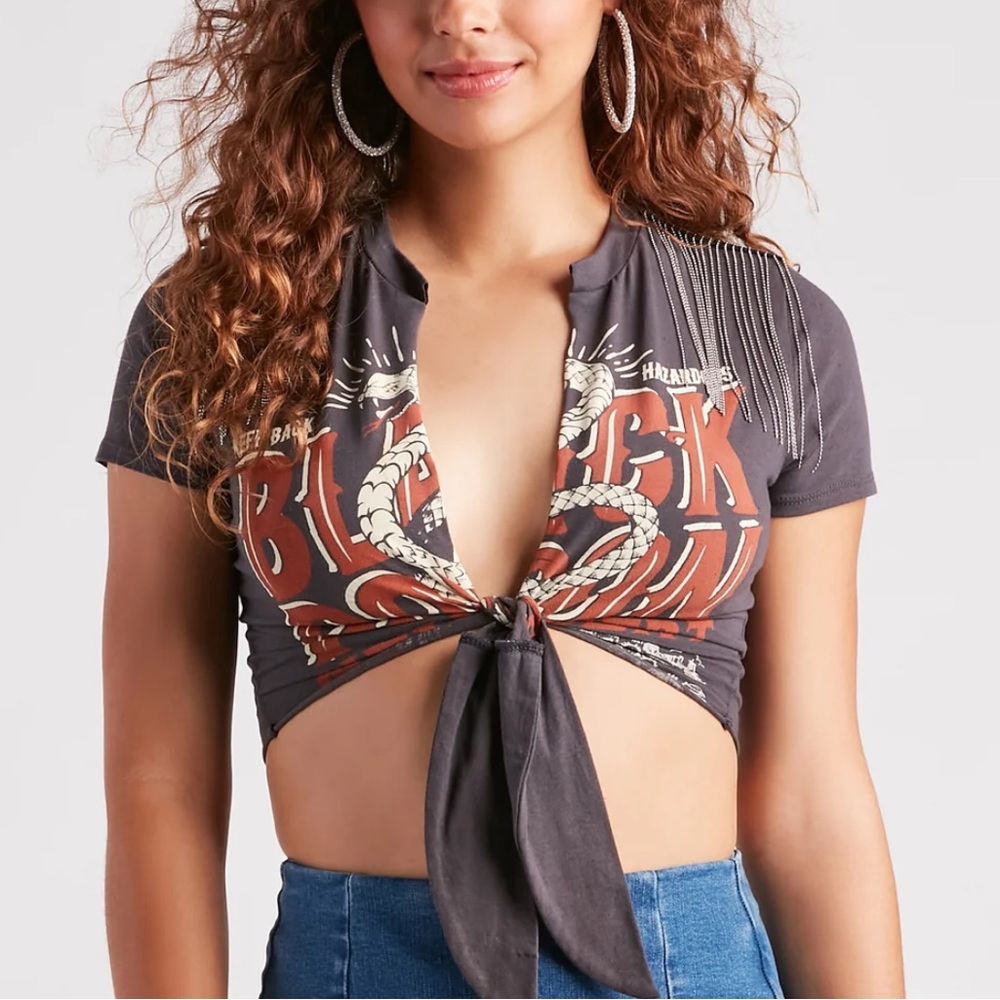 Edged Out Fringe Tie-Front Graphic Top